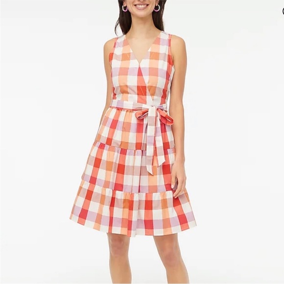 J. Crew Factory Dresses & Skirts - J. Crew Factory Faux-wrap Sleeveless Dress Cotton Poplin Plaid Size 8